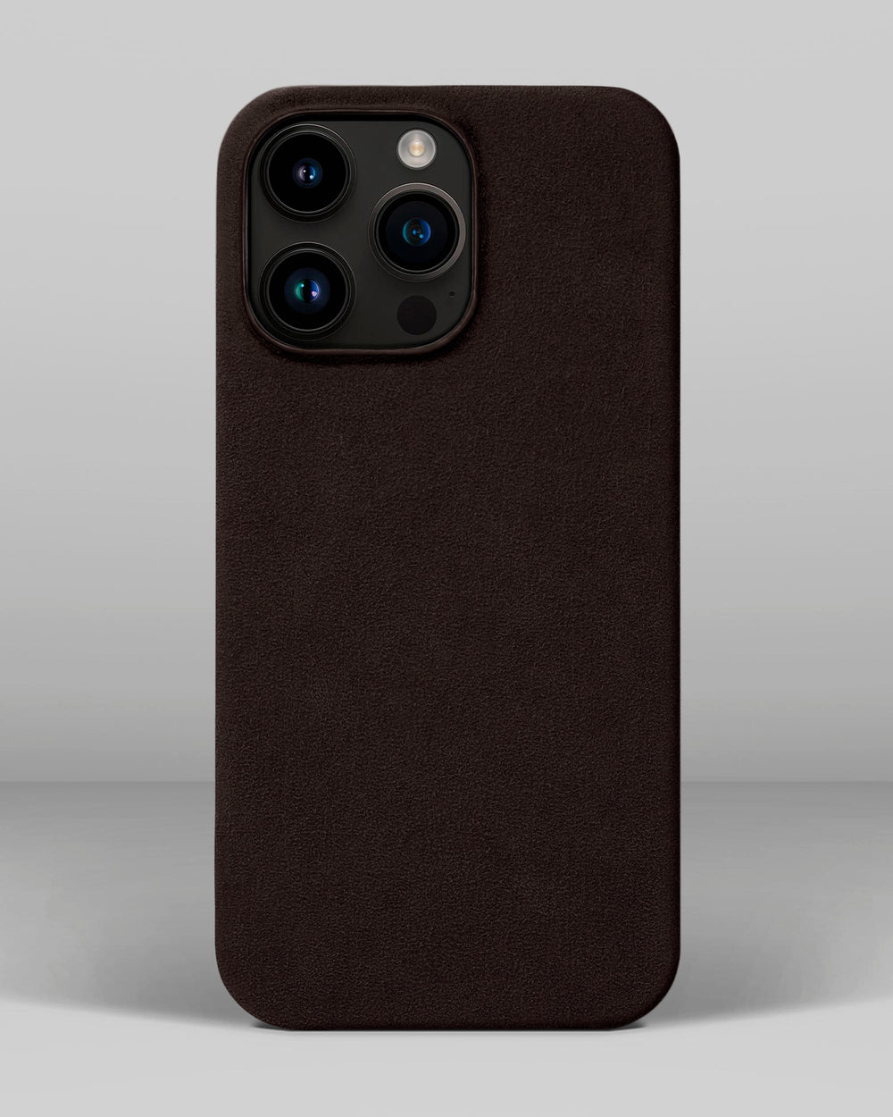 Ciemnobrązowy pokrowiec z alcantary na iPhone 14 Pro Max