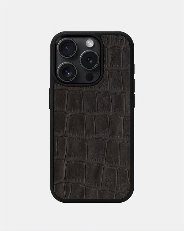 Etui z ciemnobrązowego tłoczenia imitującego krokodyla na cielęcej skórze do iPhone 15 Pro