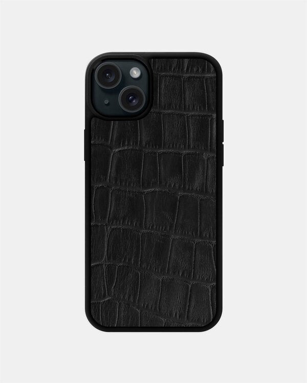 Etui z czarnej skóry cielęcej z tłoczeniem imitującym krokodyla do iPhone 15