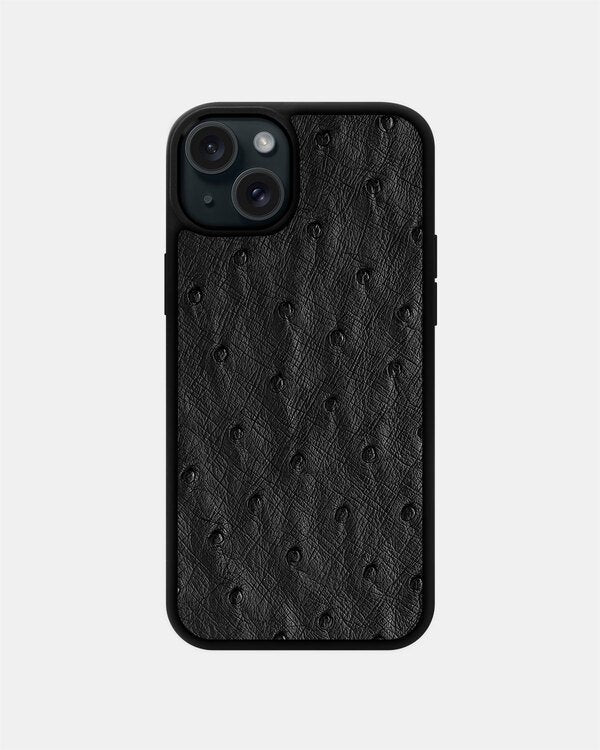 Etui z czarnej skóry strusia z piórkami do iPhone 15