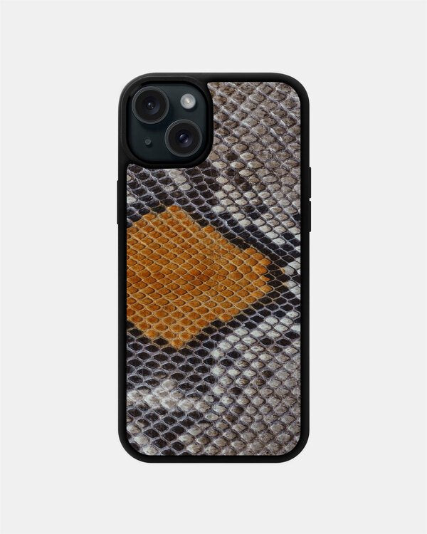 Etui z szaro-żółtej skóry pytona z drobnymi łuskami dla iPhone 15