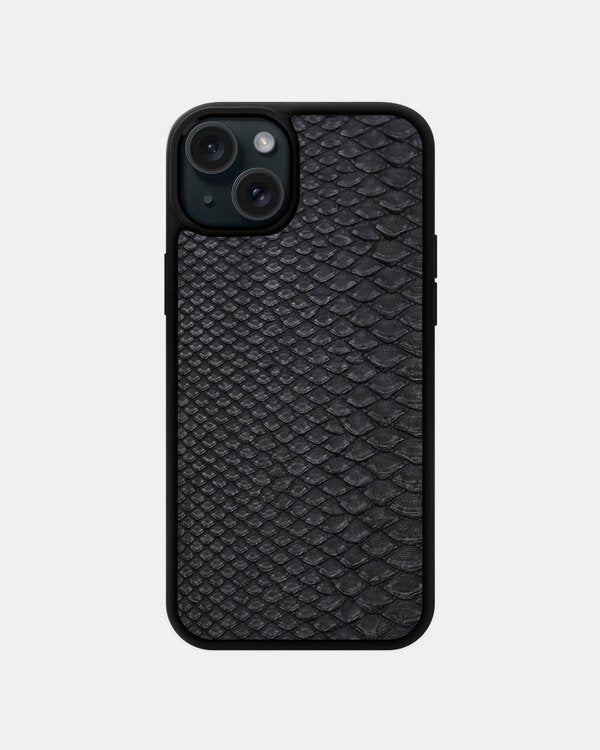 Etui z czarnej skóry pytona z drobnymi łuskami dla iPhone 15