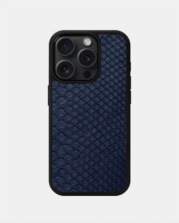 Etui z ciemnoniebieskiej skóry pytona z drobnymi łuskami do iPhone 16 Pro