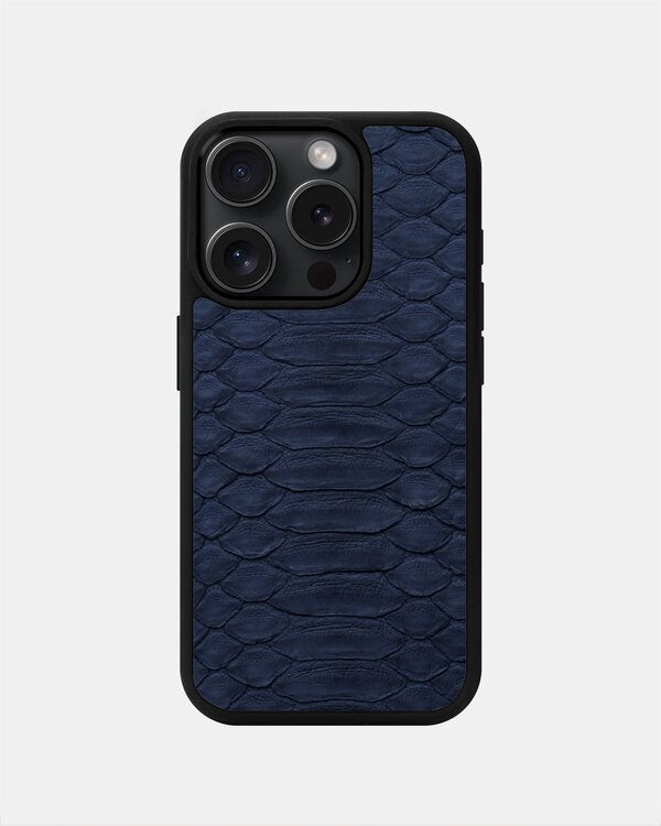 Чехол из тёмно-синей кожи питона с крупной чешуёй для iPhone 15 Pro