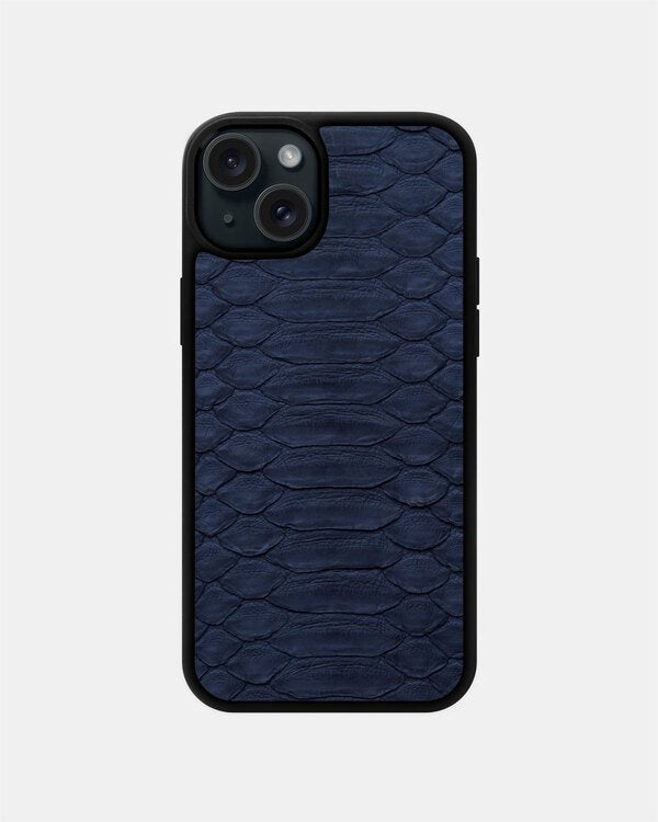 Etui z ciemnoniebieskiej skóry pytona z szerokimi łuskami dla iPhone 15