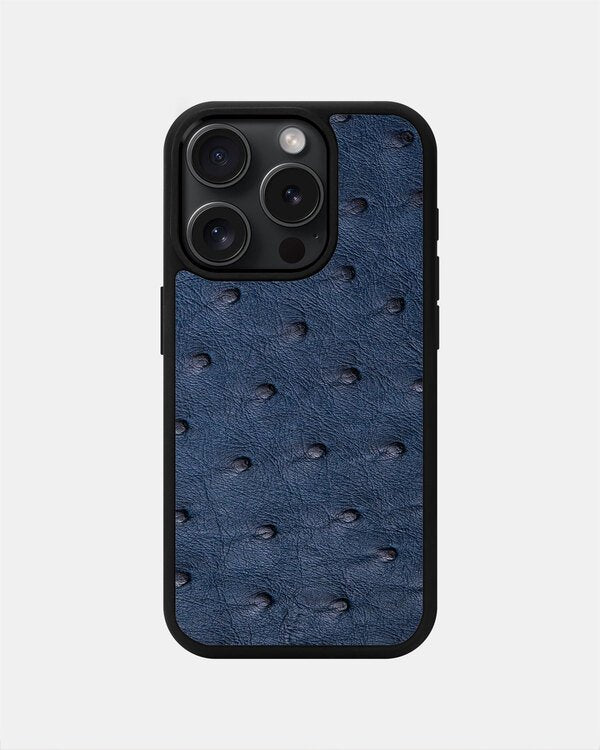 Etui z ciemnoniebieskiej skóry strusia z pęcherzykami na iPhone 15 Pro