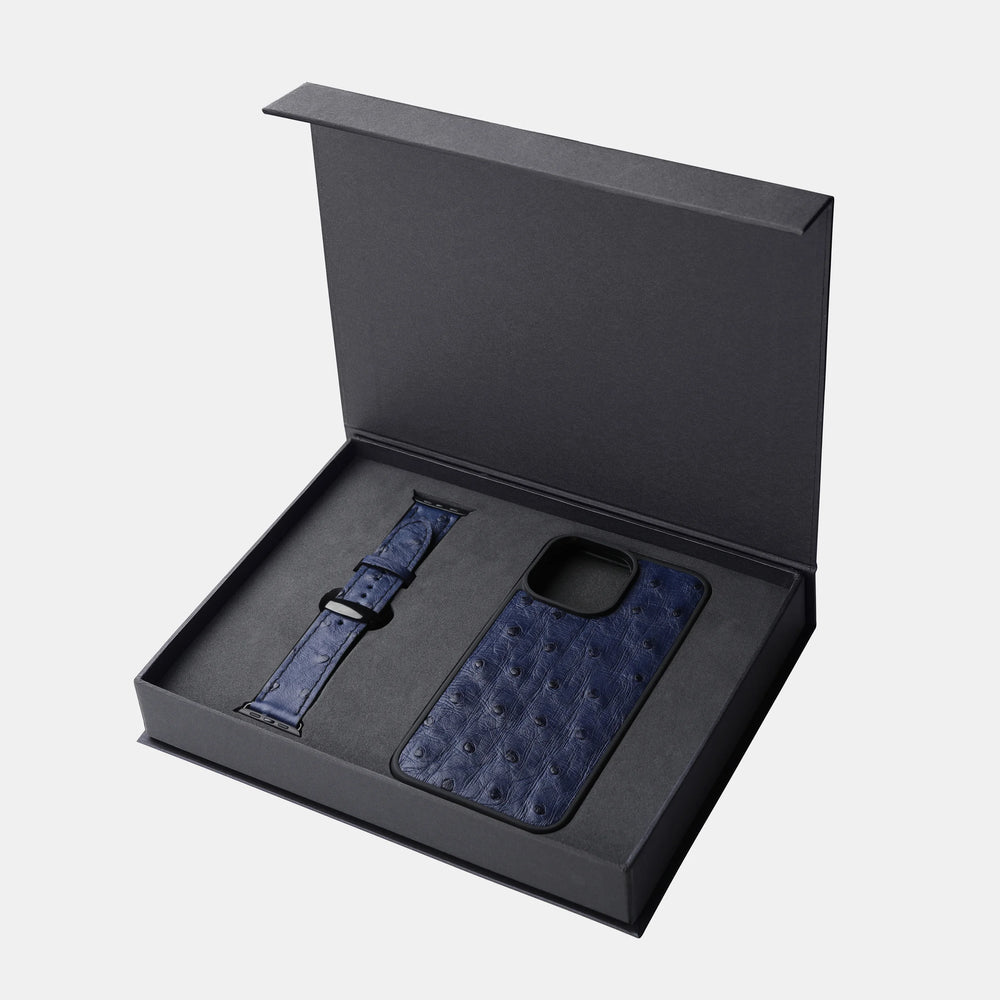 Zestaw z niebieskiej skóry strusia: etui do iPhone i pasek do Apple Watch