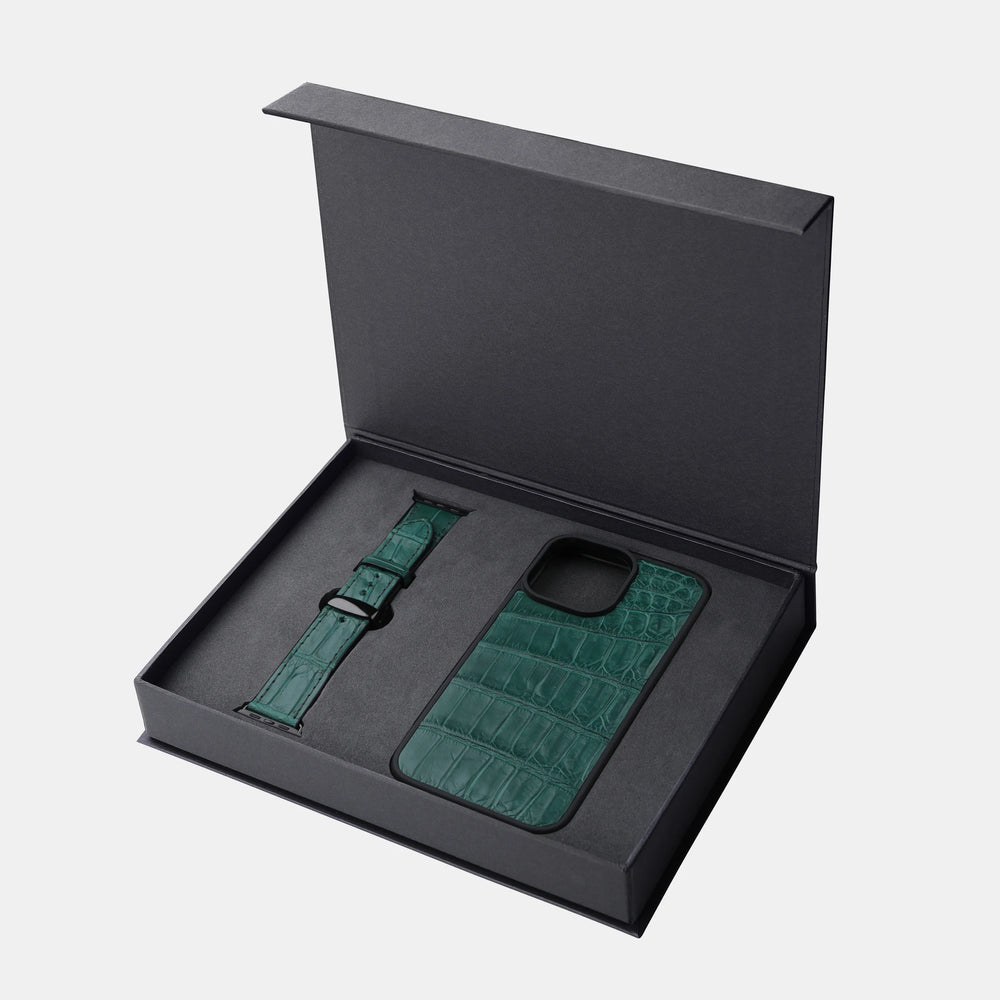 Zestaw z zielonej skóry krokodyla: etui do iPhone i pasek do Apple Watch