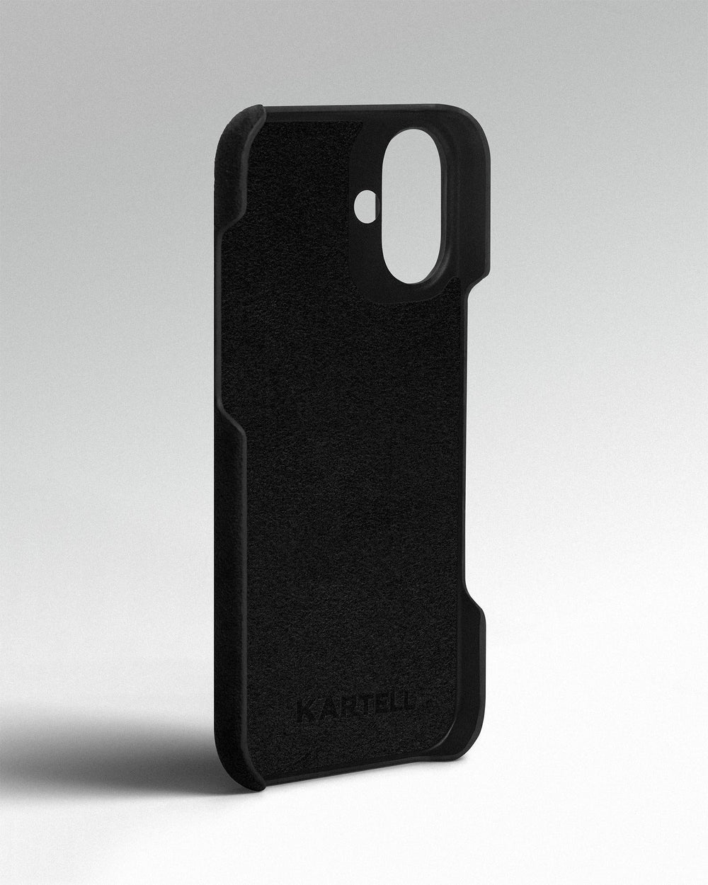 Czarne etui z alcantary na iPhone 16 Plus
