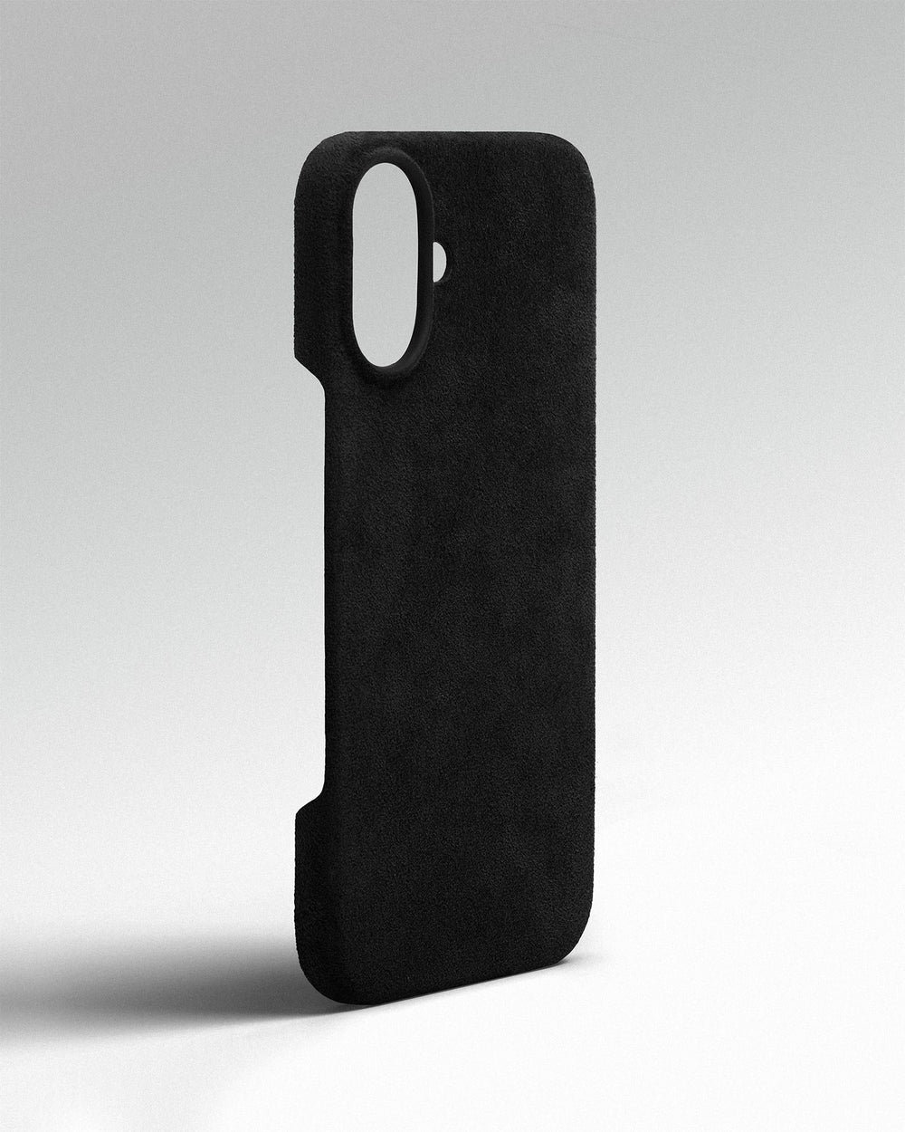 Czarne etui z alcantary na iPhone 16 Plus