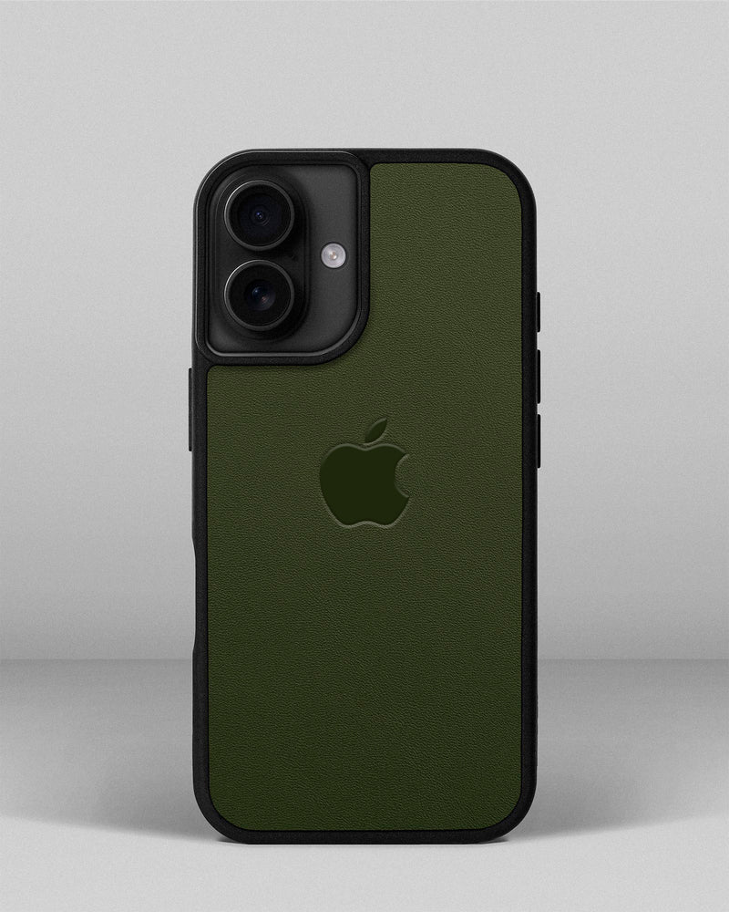 Чехол для iPhone 15 из кожи купон зеленого цвета с логотипом яблока