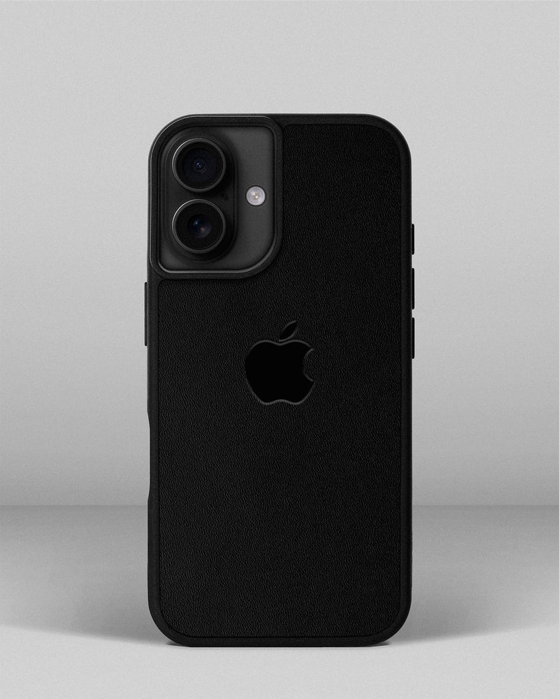 Чохол для iPhone 16 із шкіри купон в чорному кольорі з логотипом яблука
