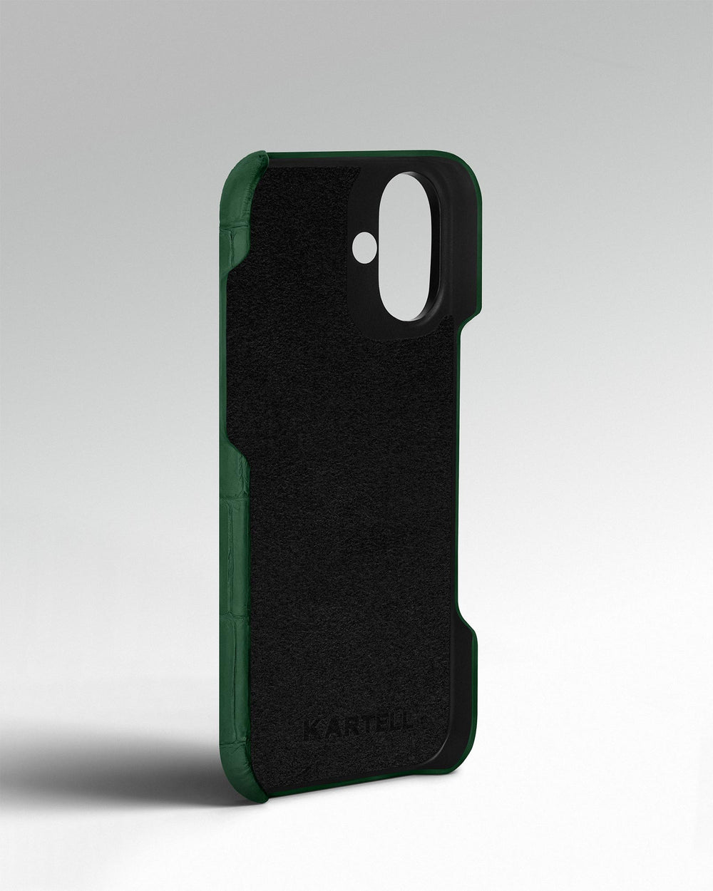 Ciemnozielone etui obite skórą krokodyla do iPhone 14