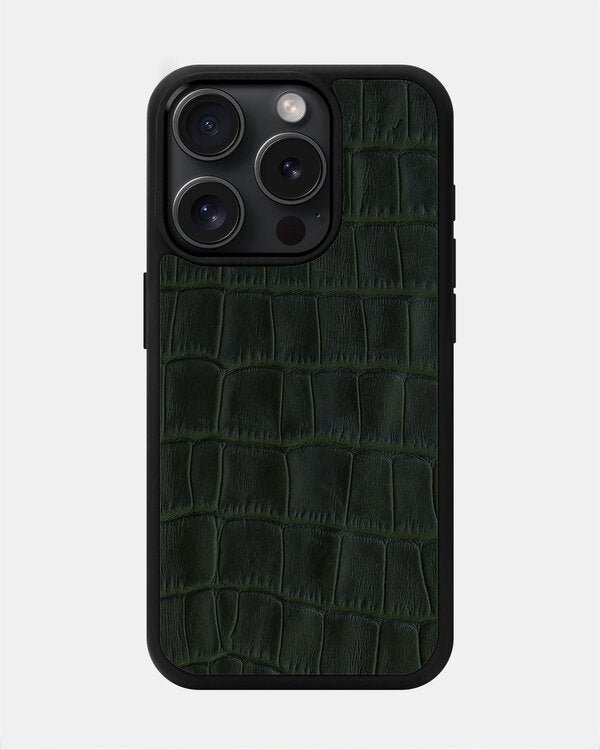 Etui z ciemnozielonego tłoczenia imitującego krokodyla na cielęcej skórze na iPhone 15 Pro Max