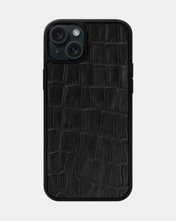 Чехол из черного тиснения под крокодила на телячьей коже для iPhone 15 Plus