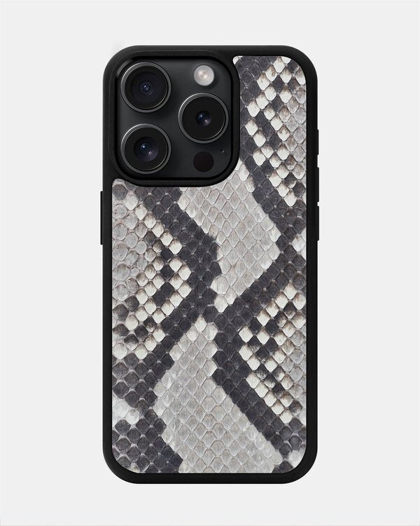 Etui z czarno-białej skóry pytona z drobnymi łuskami do iPhone 15 Pro Max
