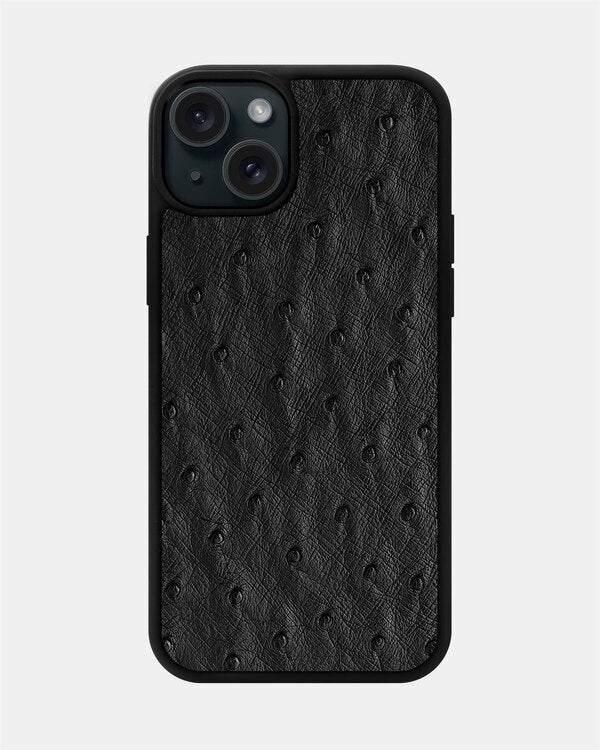 Чехол из черной кожи страуса с фолликулами для iPhone 15 Plus