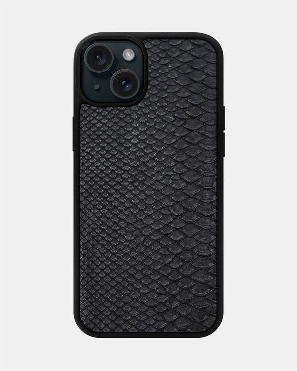 Etui z czarnej skóry pytona z drobnymi łuskami do iPhone 15 Plus
