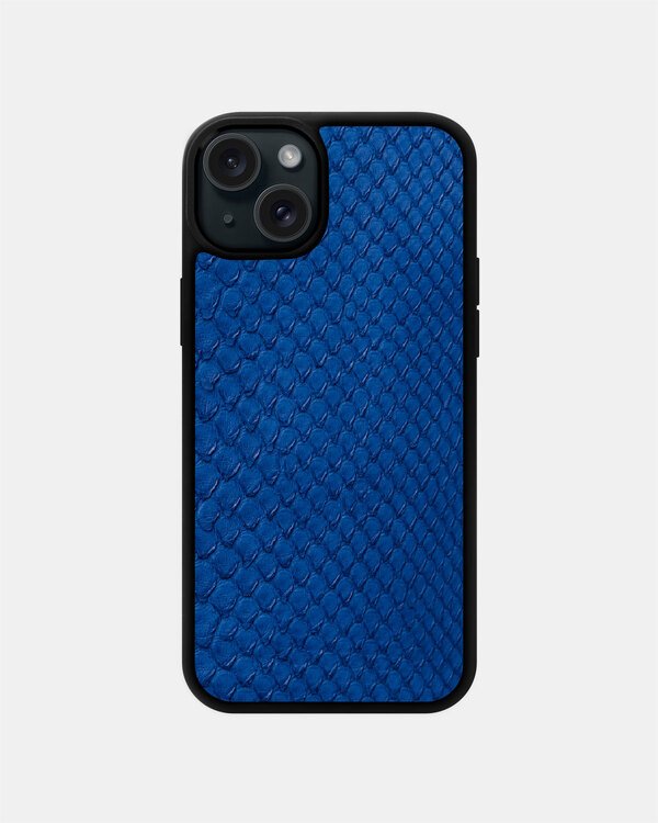 Чохол із синьої шкіри пітона з дрібними лусочками для iPhone 15