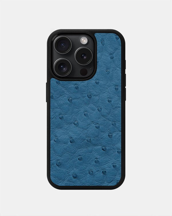 Чохол із блакитної шкіри страуса з фолікулами для iPhone 15 Pro