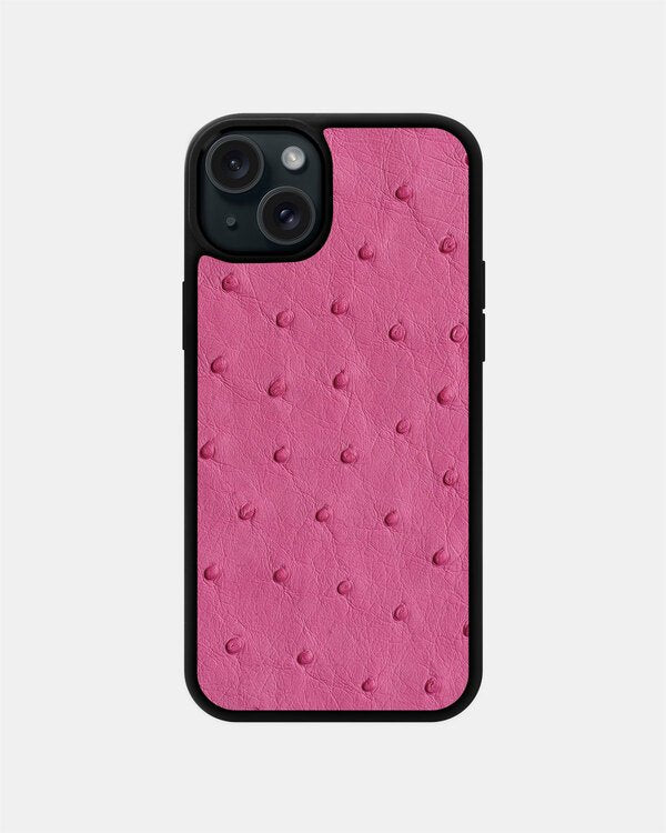 Чохол із яскраво-рожевої шкіри страуса з фолікулами для iPhone 15