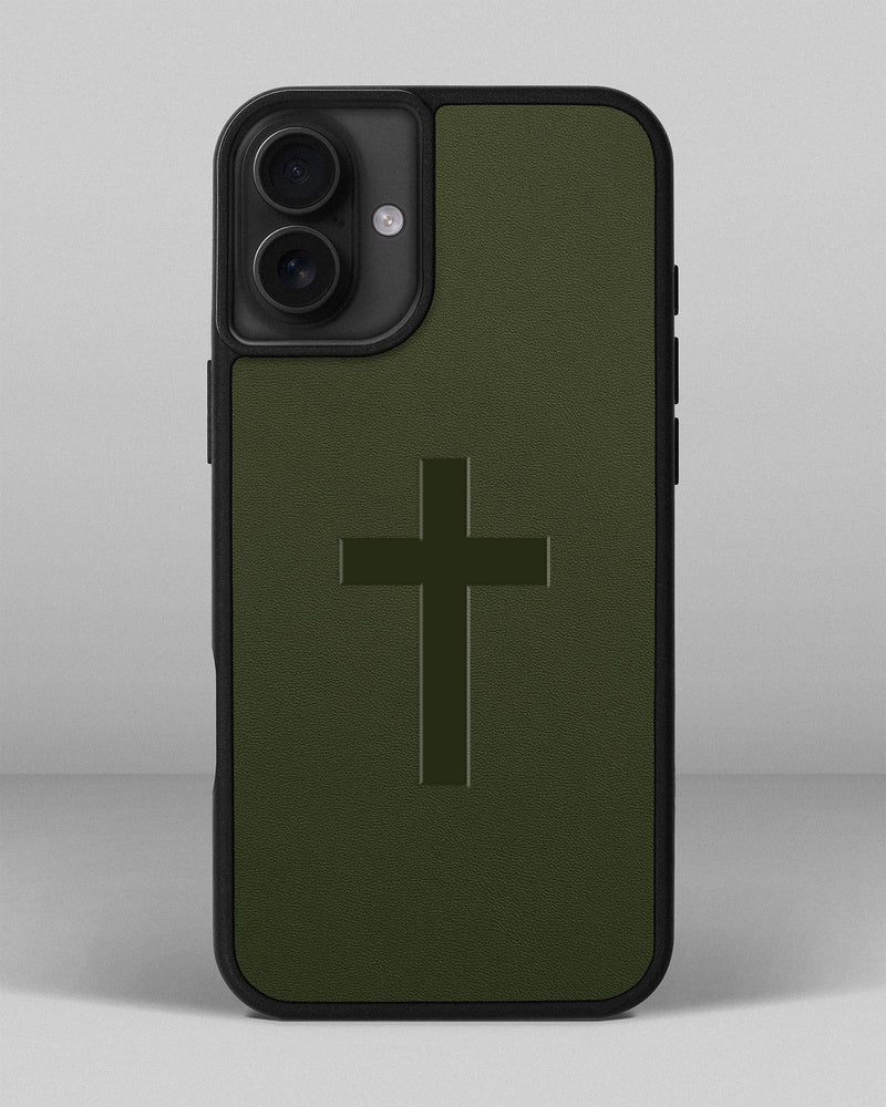 Чохол для iPhone 16 Plus із шкіри купон в зеленому кольорі з тисненням хреста