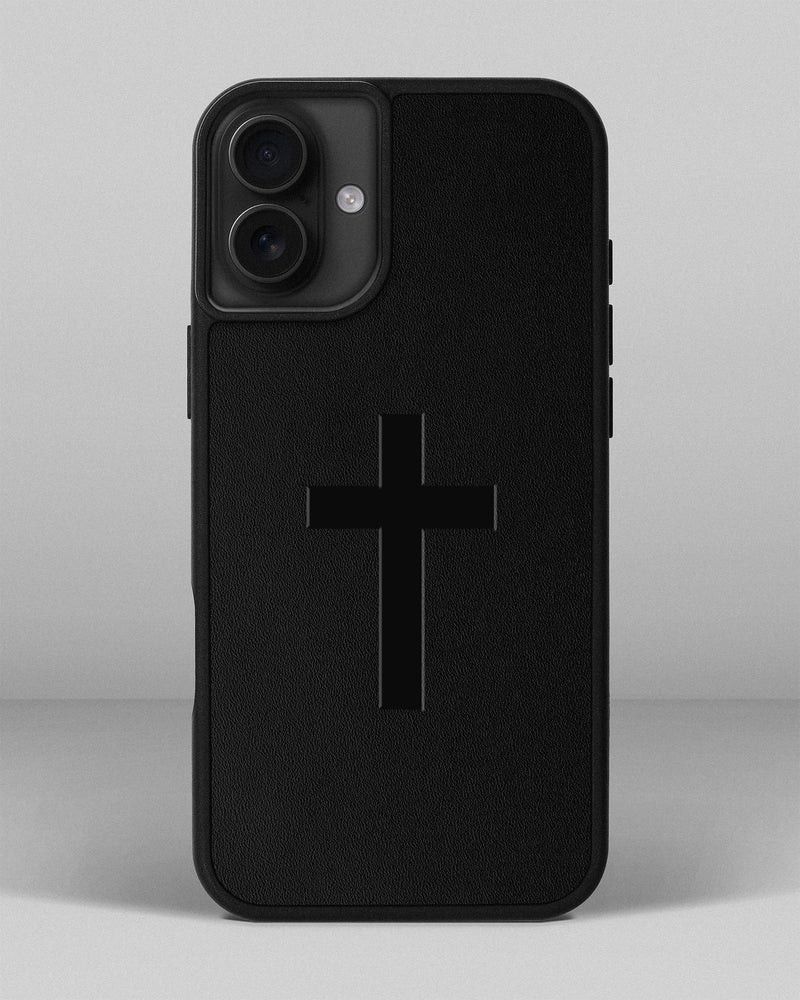 Чохол для iPhone 13 Mini із шкіри купон в чорному кольорі з тисненням хреста