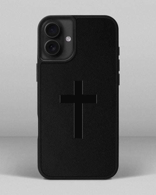 Чохол для iPhone 16 Plus із шкіри купон в чорному кольорі з тисненням хреста