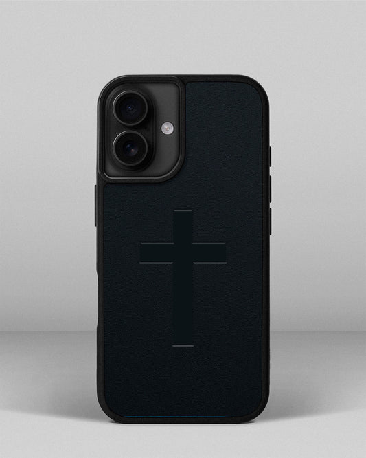 Чохол для iPhone 16 із шкіри купон в темно-синьому кольорі з тисненням хреста