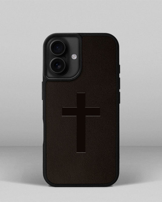 Чохол для iPhone 16 із шкіри купон в темно-коричневому кольорі з тисненням хреста