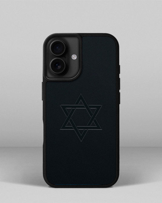 Чохол для iPhone 16 із шкіри купон в темно-синього кольорі з тисненням зірка Давида