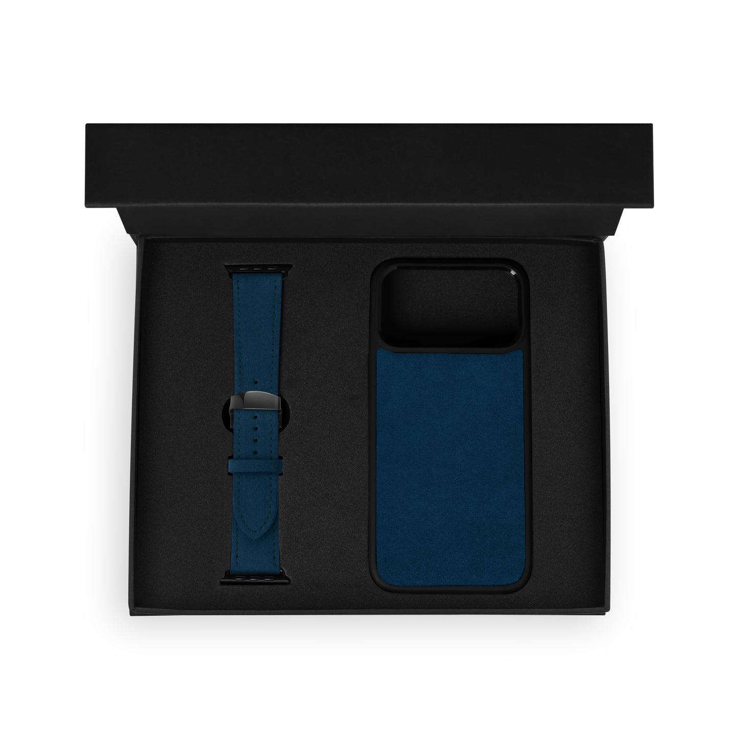 Набір з алькантари синього кольору,чохол для iPhone та ремінець Apple Watch