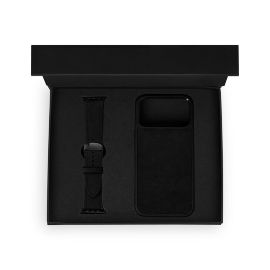 Набор из чёрной телячьей кожи флотар: чехол для iPhone и ремешок Apple Watch