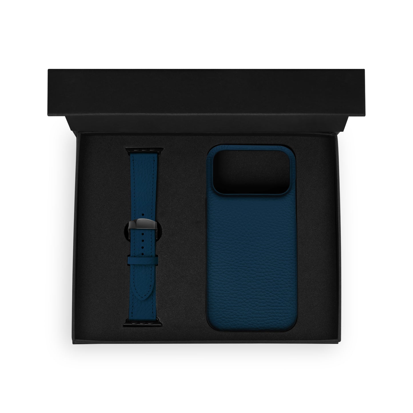 Zestaw z czarnej skóry cielęcej floater, etui na iPhone i pasek Apple Watch