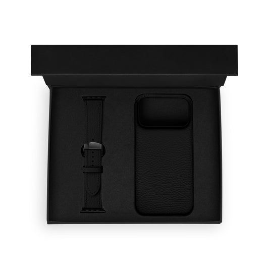 Набор из чёрной телячьей кожи флотар: чехол для iPhone и ремешок Apple Watch