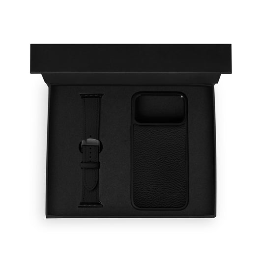 Набір з чорної телячої шкіри флотар, чохол для iPhone та ремінець Apple Watch