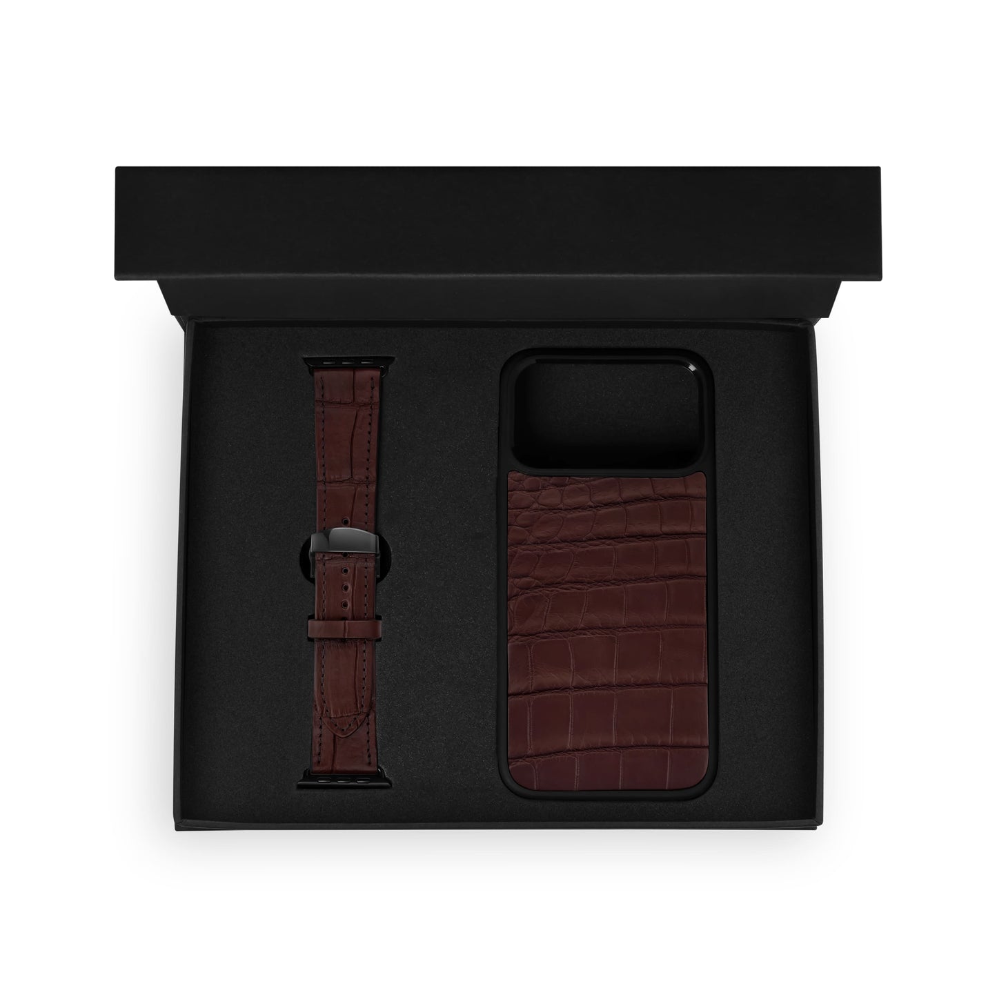 Набір з коричневої шкіри крокодила, чохол для iPhone та ремінець Apple Watch