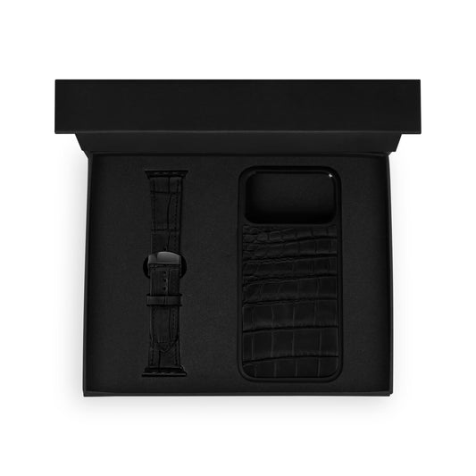 Набор из чёрной кожи крокодила: чехол для iPhone и ремешок Apple Watch