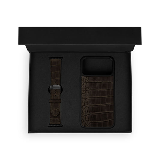 Набір із тиснення під крокодила у темно-коричневому кольорі, чохол для iPhone та ремінець Apple Watch