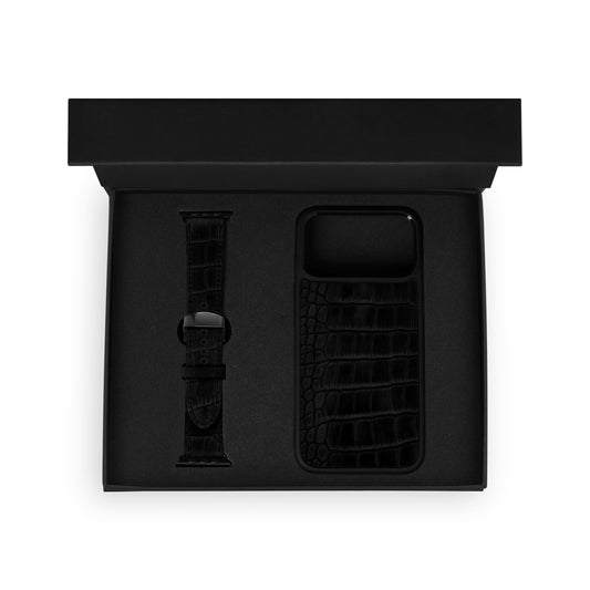 Набор с тиснением под крокодила чёрного цвета, чехол для iPhone и ремешок Apple Watch
