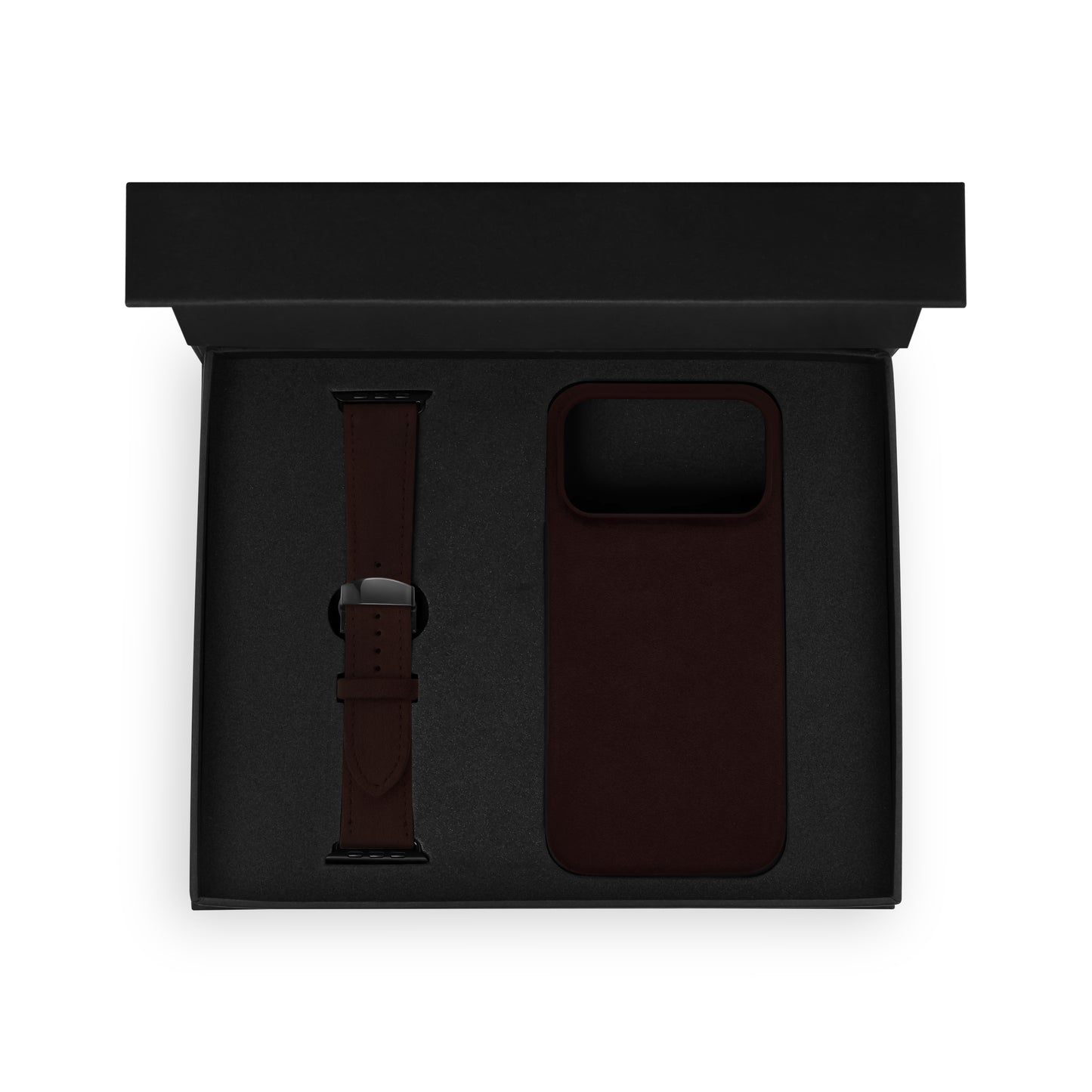 Zestaw z czarnej skóry cielęcej floater, etui na iPhone i pasek Apple Watch