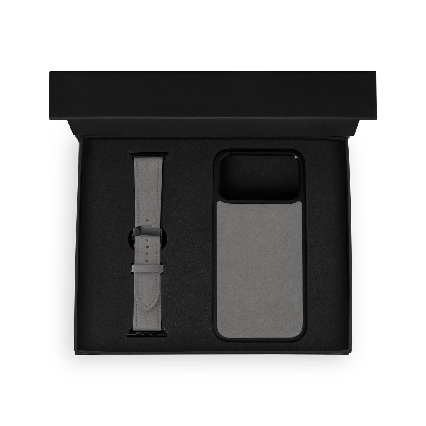 Zestaw z czarnej skóry cielęcej floater, etui na iPhone i pasek Apple Watch