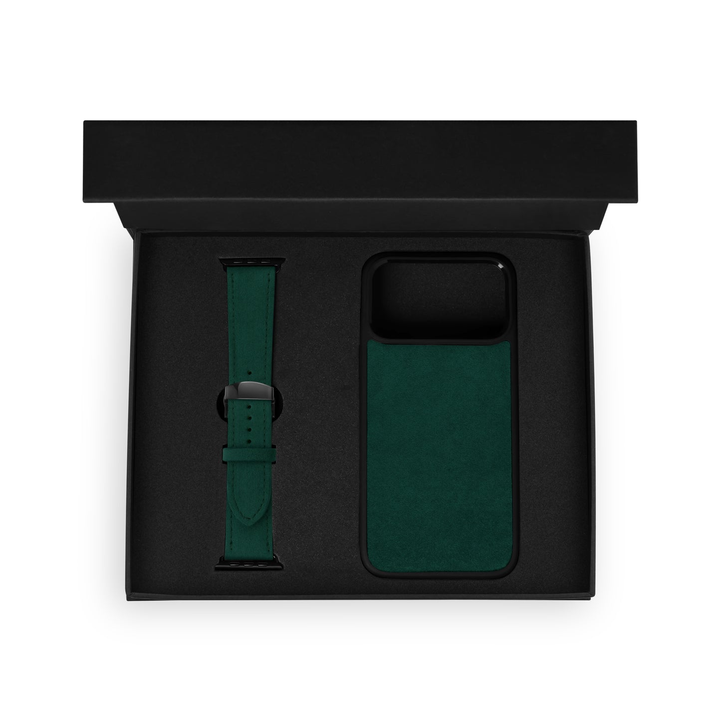 Набір з алькантари зеленого кольору,чохол для iPhone та ремінець Apple Watch