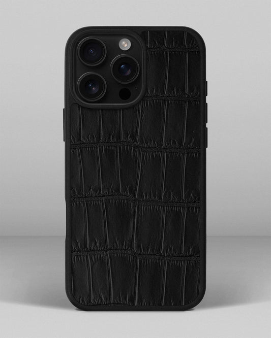 Etui z czarnej skóry krokodyla dla iPhone 16 Pro Max 