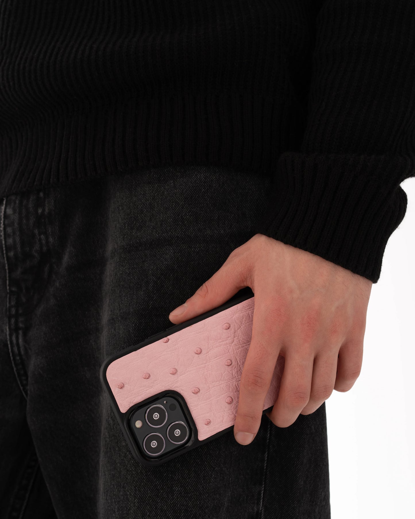 Чохол із рожевої шкіри страуса з фолікулами для iPhone 13 Pro