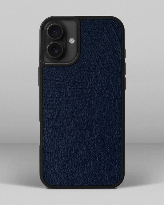 Чохол із темно-синьої шкіри страуса без фолікул для iPhone 16 Plus