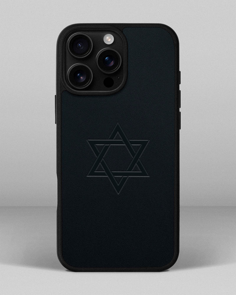 Чохол для iPhone 13 Pro Max із шкіри купон в темно-синього кольорі з тисненням зірка Давида