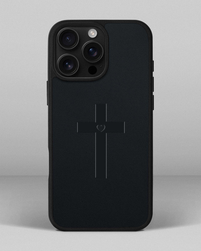 Чохол для iPhone 14 Pro Max із шкіри купон в темно-синього кольорі з тисненням хрест з серцем