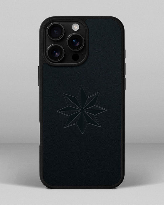 Чохол для iPhone 16 Pro Max із шкіри купон в темно-синього кольорі з тисненням Роза вітрів