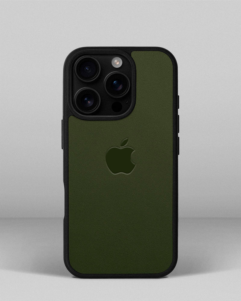 Чохол для iPhone 14 Pro із шкіри купон в зеленому кольорі з логотипом яблука